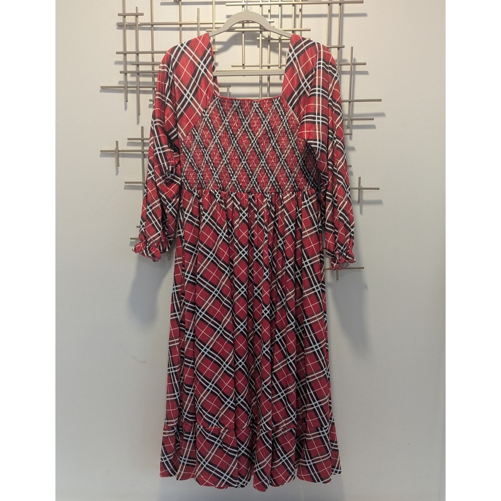 Monica‎ & Andy Red Plaid Smocked Bodice Square Neck Midi Lounge Dress Women's L